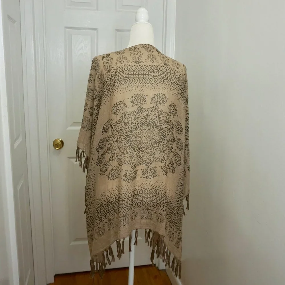 💜 JANICE Tan/Black Pattern Scarf Coat Poncho Kimono (OS)